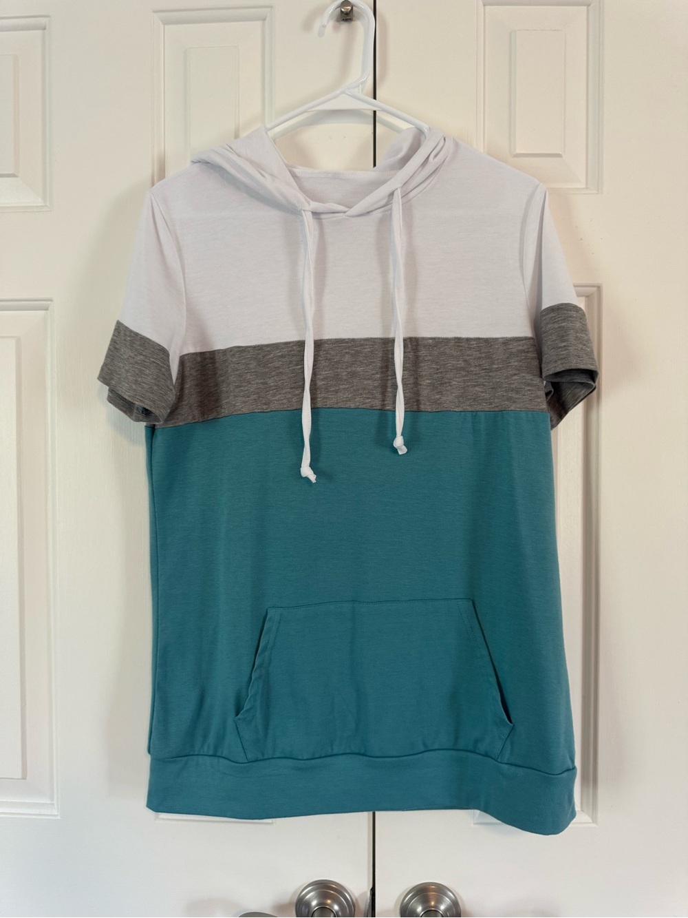 Colorblock Short Sleeve Hoodie - White, Gray, Teal